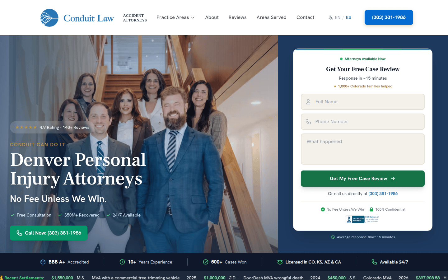 conduit.law homepage with Denver personal injury attorneys headline and case-review form