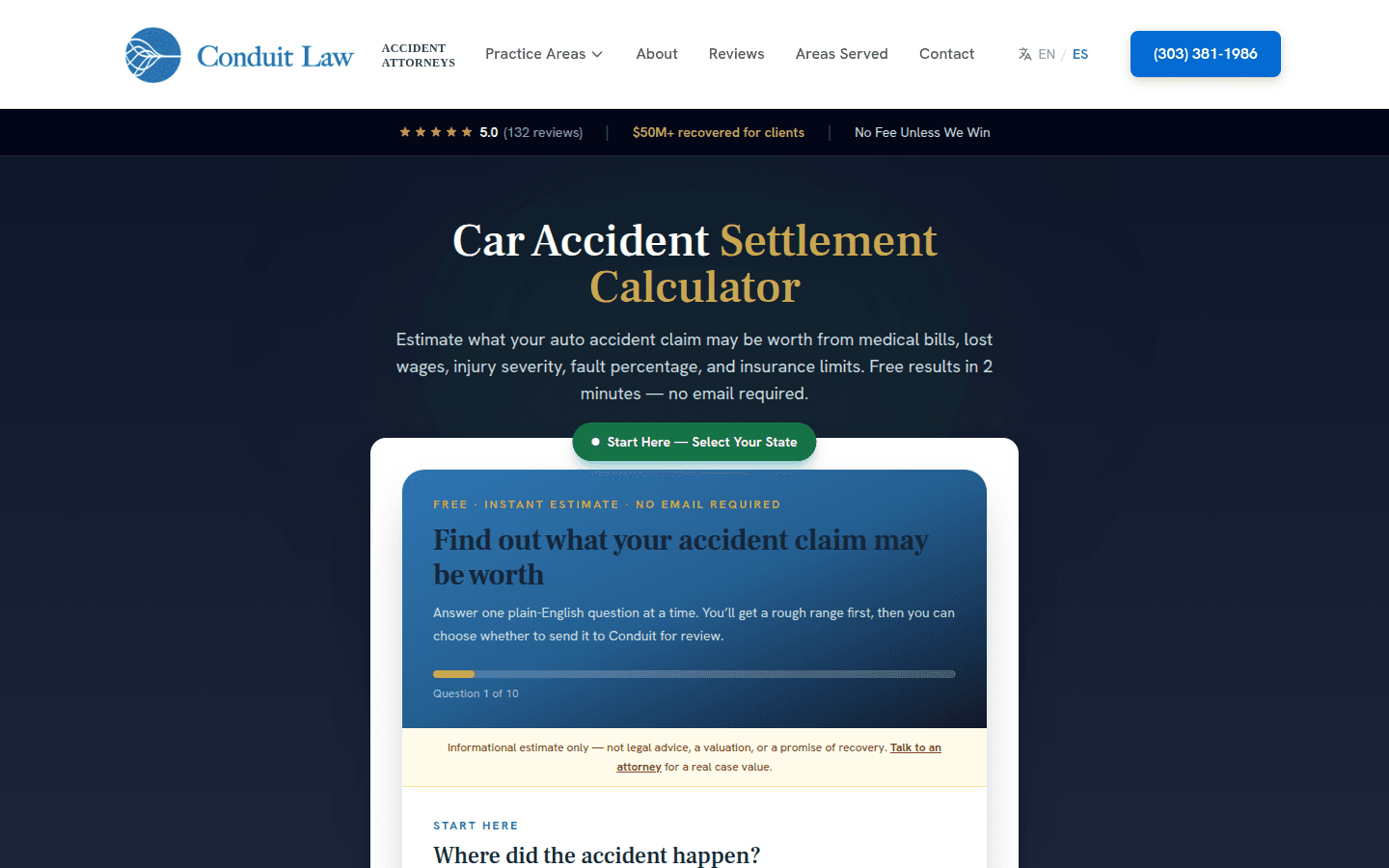 conduit.law car accident settlement calculator, July's highest-click page